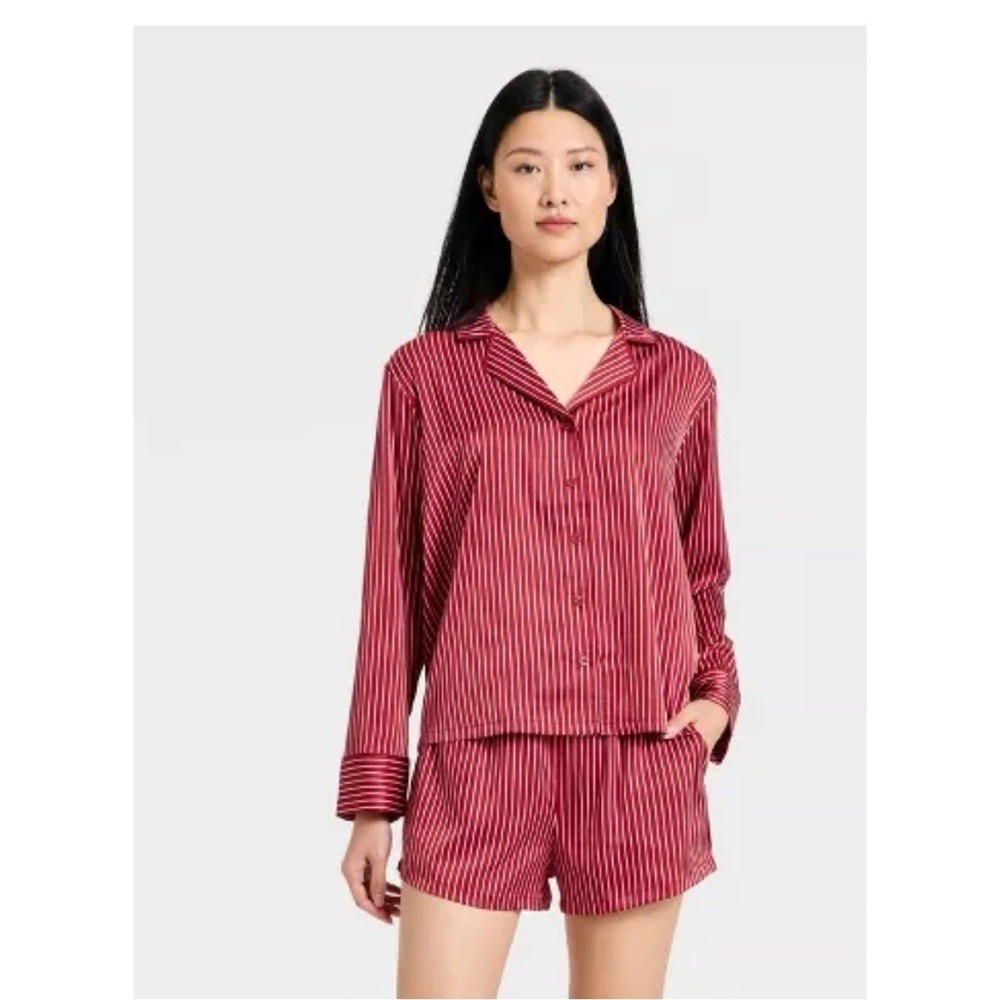 Women's Luxury Collection Satin Notch Collar Long Slv pajama Set Red Striped